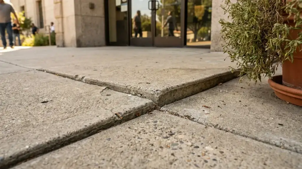 raised uneven concrete sidewalk slab near public building entrance posing trip hazard
