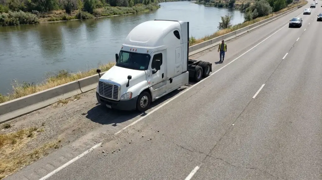 semi-truck stopped on highway shoulder with worker in safety vest nearby