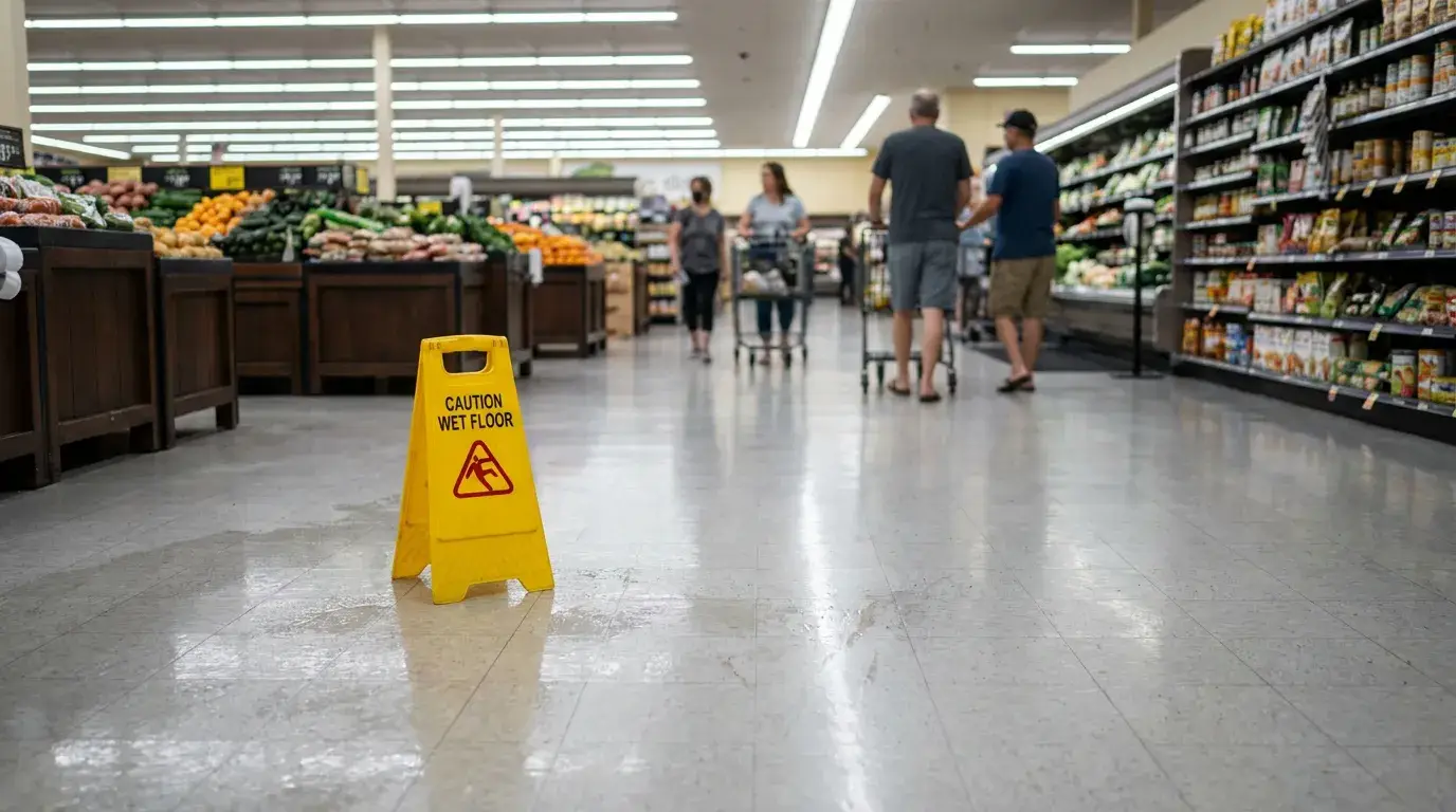 Caution Wet Floor sign on grocery store aisle floor near shoppers