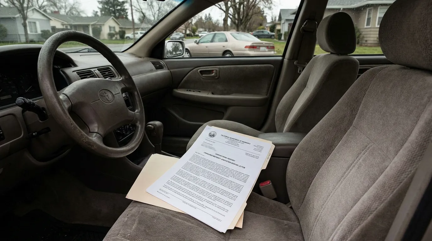 California Department of Insurance document resting on car passenger seat