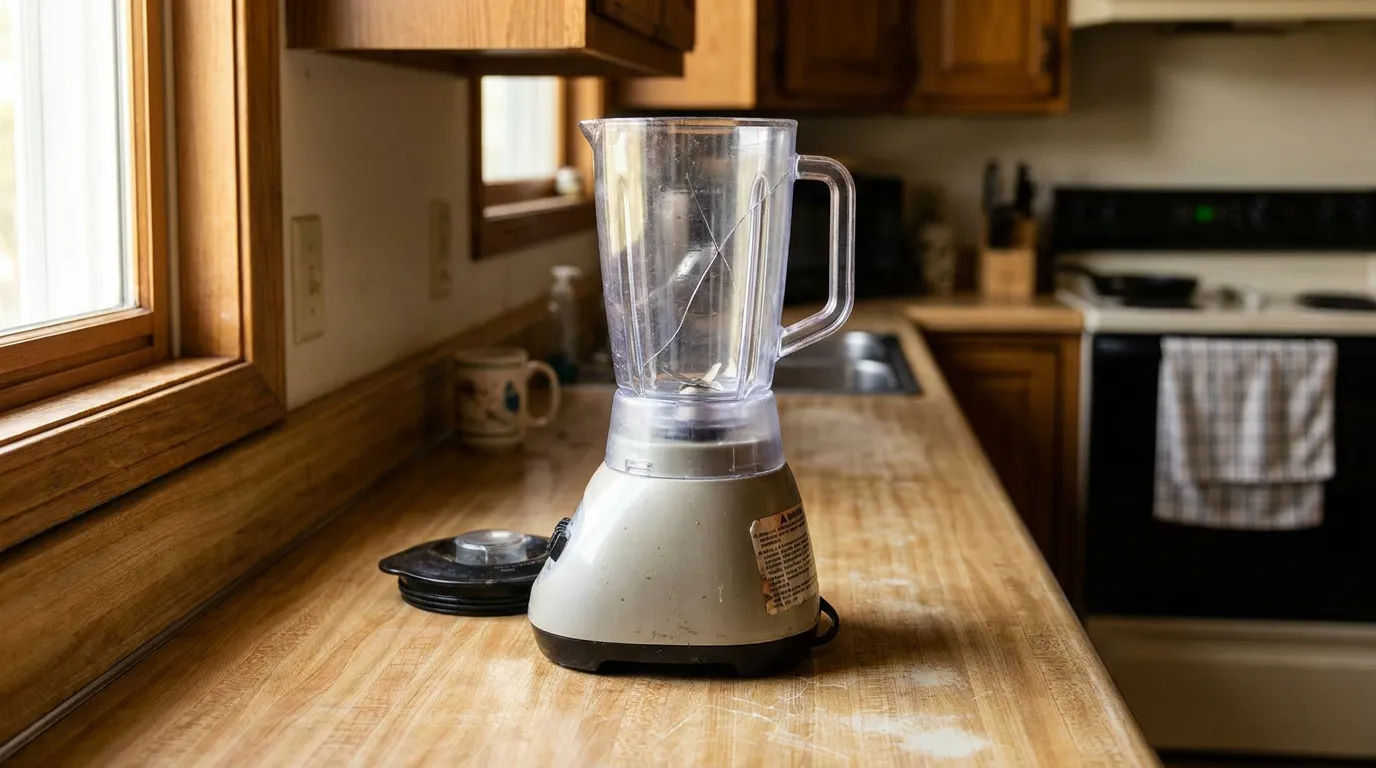 worn household blender with cracked jar sitting on kitchen countertop