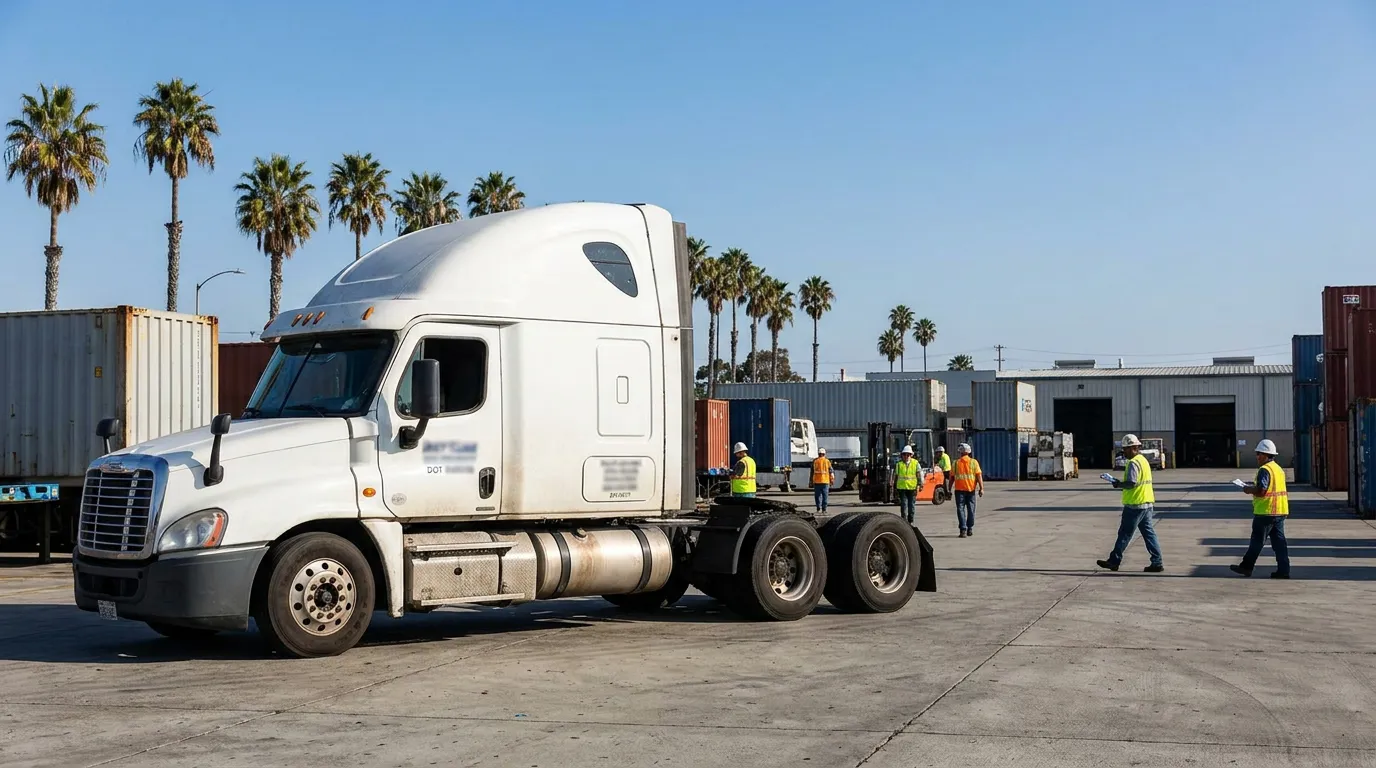 semi-truck cab parked at commercial freight yard with workers in safety vests