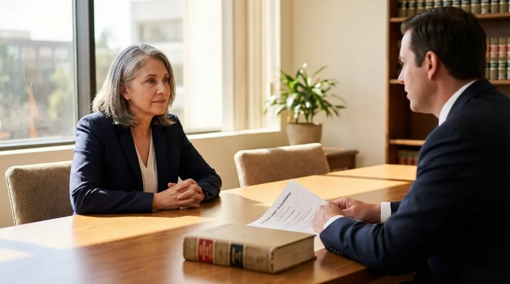 attorney holding Superior Court of California document during client consultation at conference table