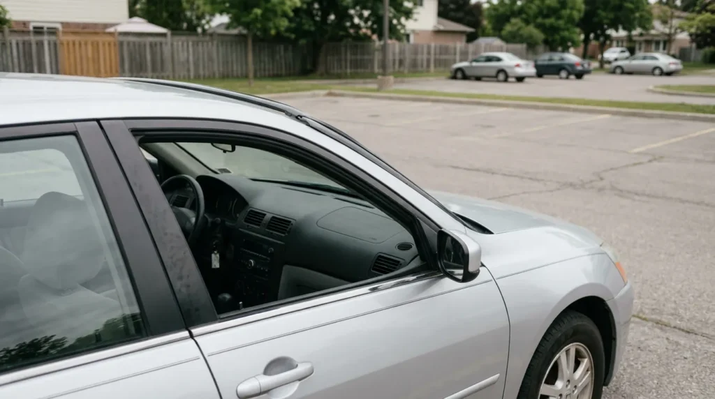 sedan parked on residential street with driver window open and interior visible