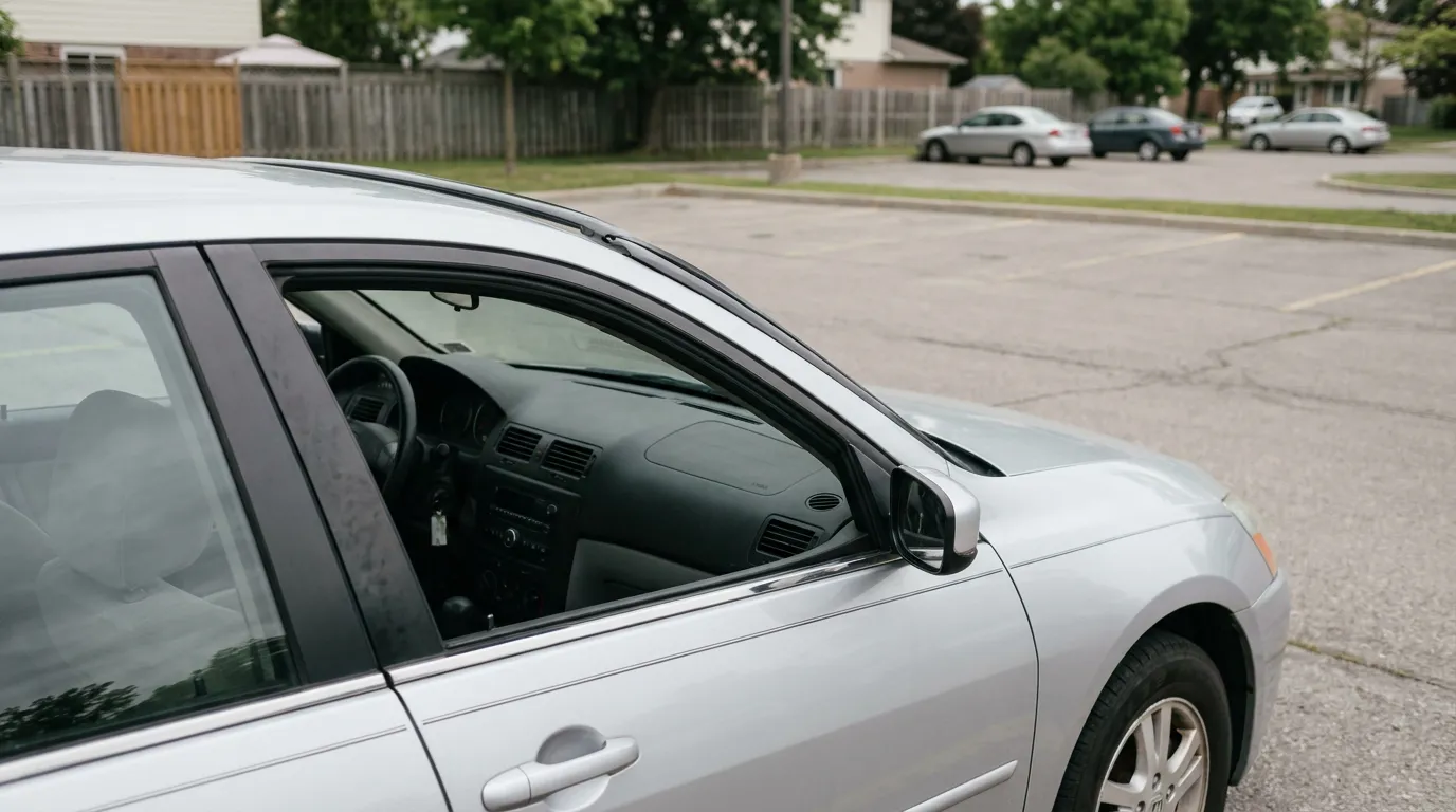 sedan parked on residential street with driver window open and interior visible