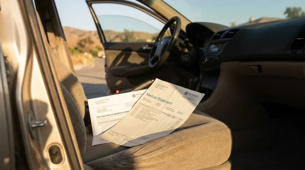 Medical Statement and Explanation of Benefits form resting on vehicle passenger seat