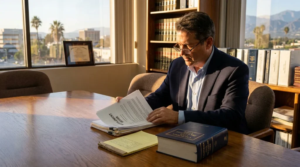 attorney reviewing settlement offer documents beside California Civil Procedure book in office