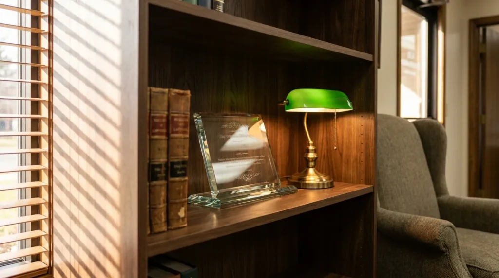 glass award plaque beside banker's lamp and law books on shelf