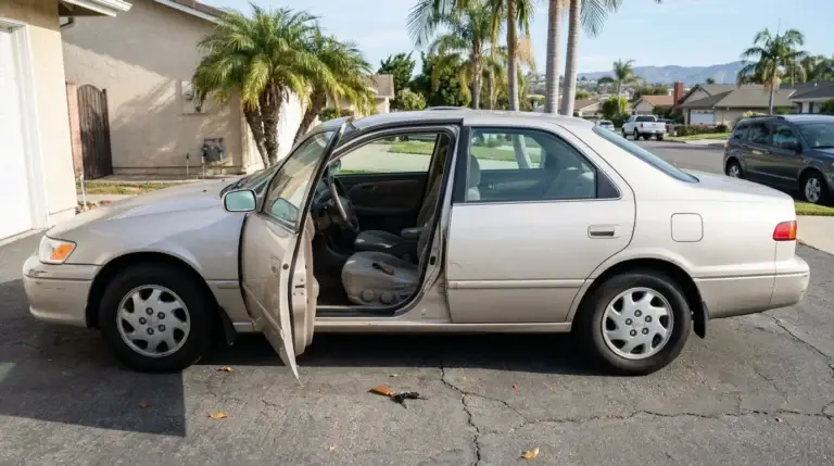 sedan parked in driveway with driver side door open showing interior
