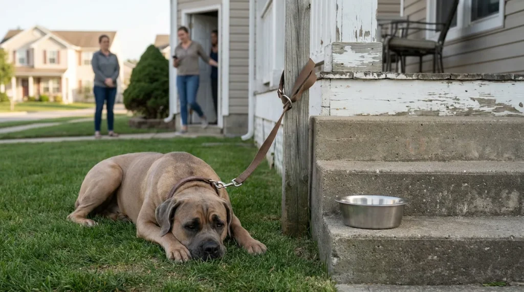 large dog leashed to porch post beside empty metal food bowl
