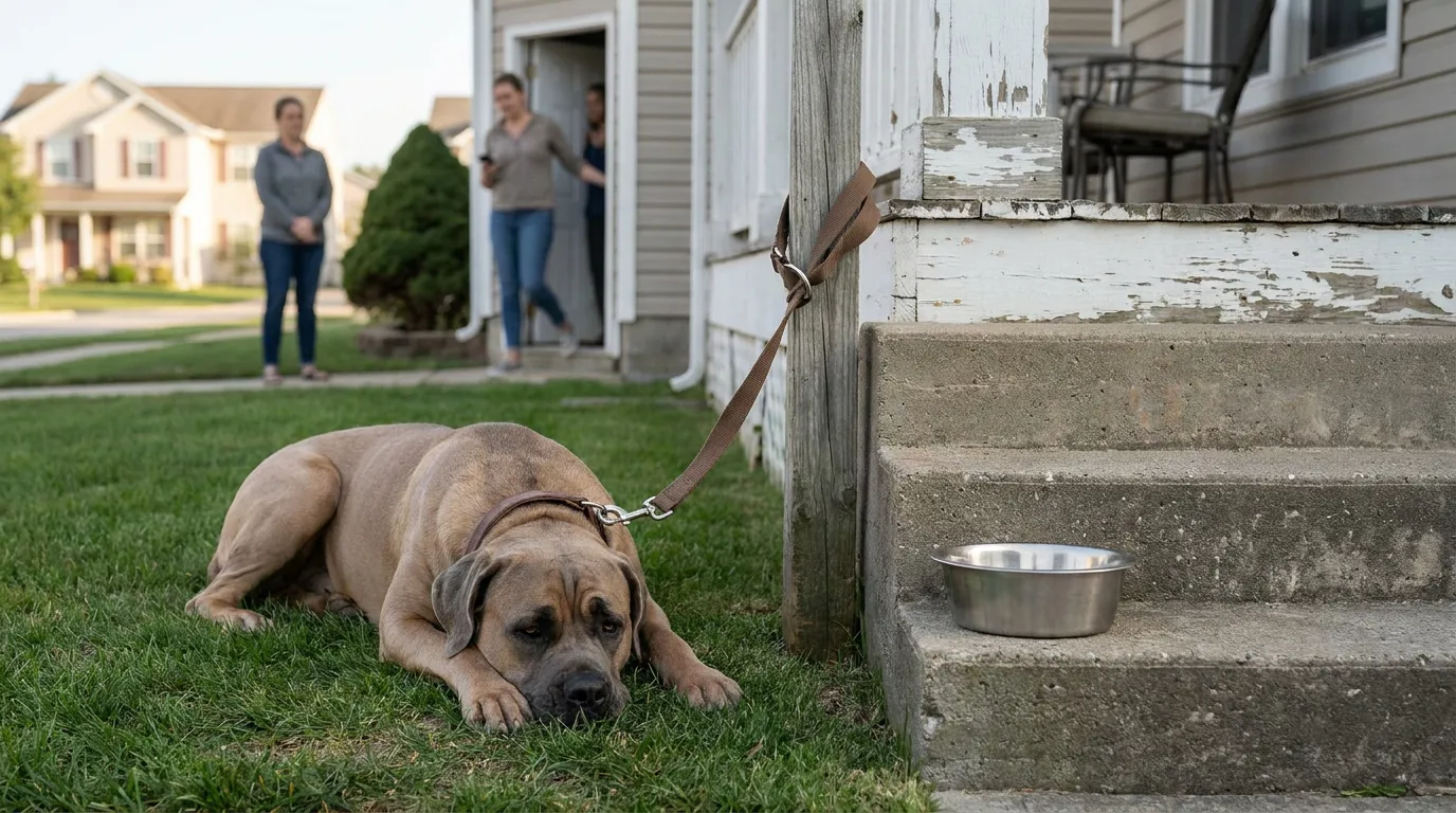 large dog leashed to porch post beside empty metal food bowl