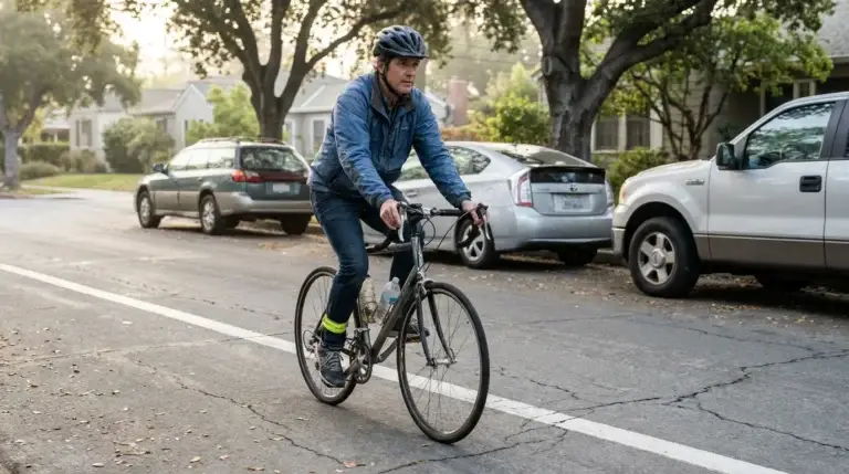 Man wearing helmet rides bicycle past parked cars on residential street