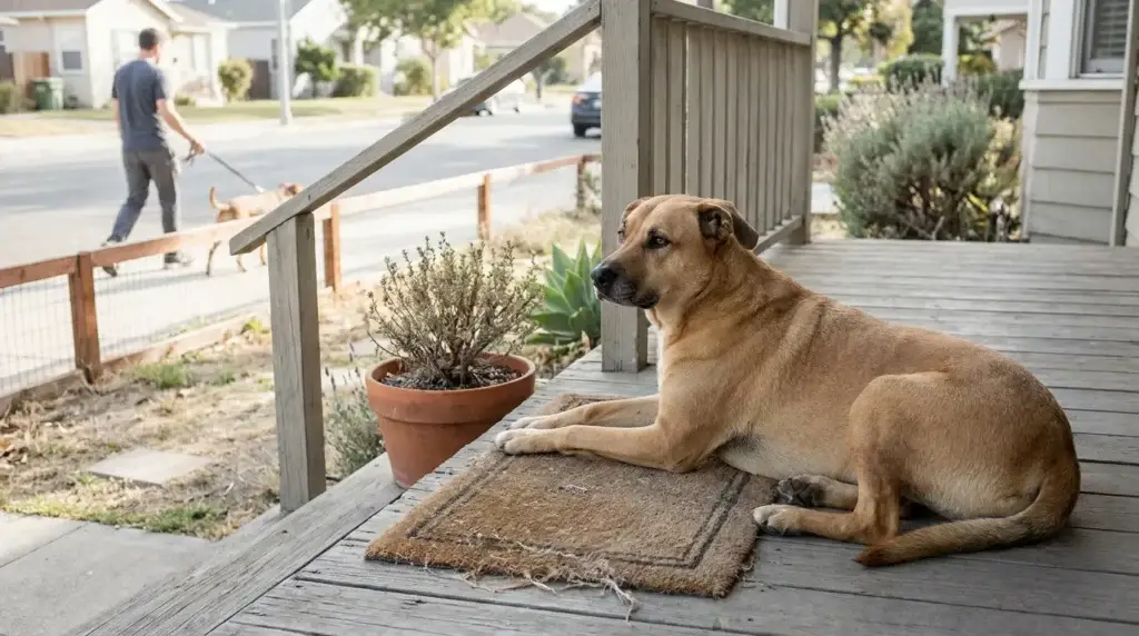 Dog resting on porch doormat while man walks another dog nearby