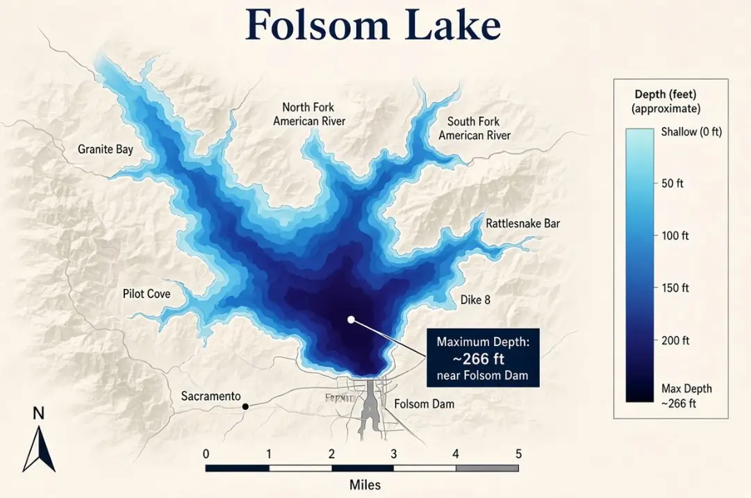 A bathymetric map of Folsom Lake - one of the most dangerous lakes in California.