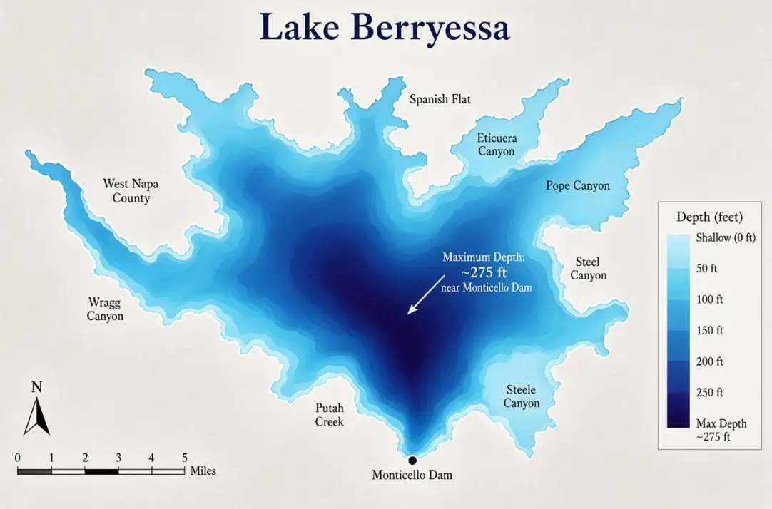 A bathymetric map of Lake Berryessa - one of the most dangerous lakes in California.