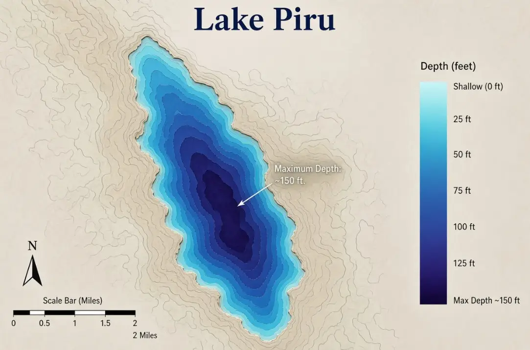 A bathymetric map of Lake Piru - one of the most dangerous lakes in California.
