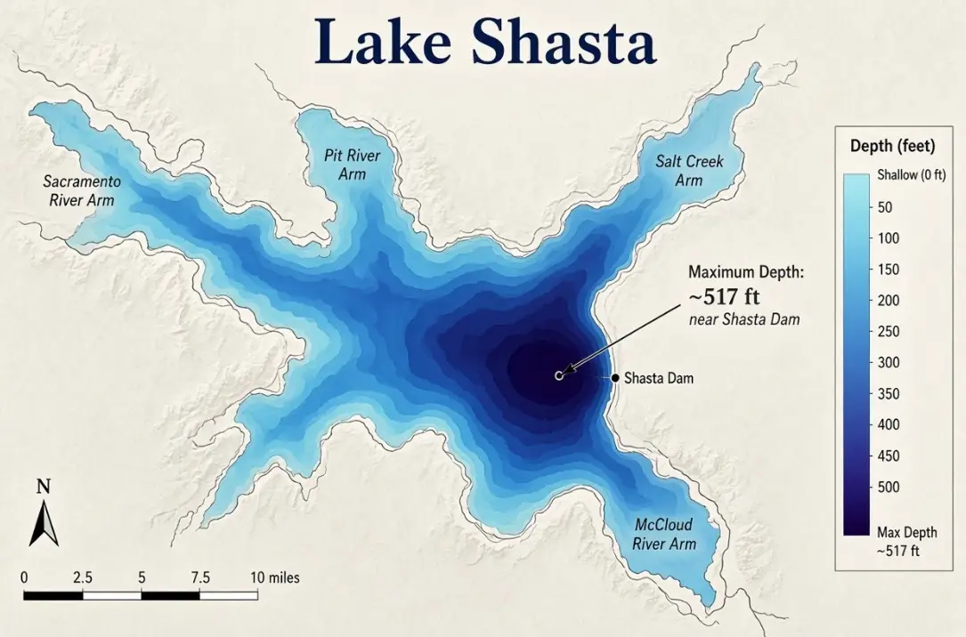 A bathymetric map of Lake Shasta - one of the most dangerous lakes in California.