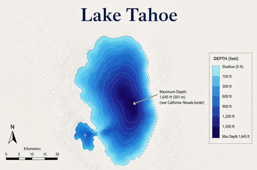 A bathymetric map of Lake Tahoe - one of the most dangerous lakes in California.