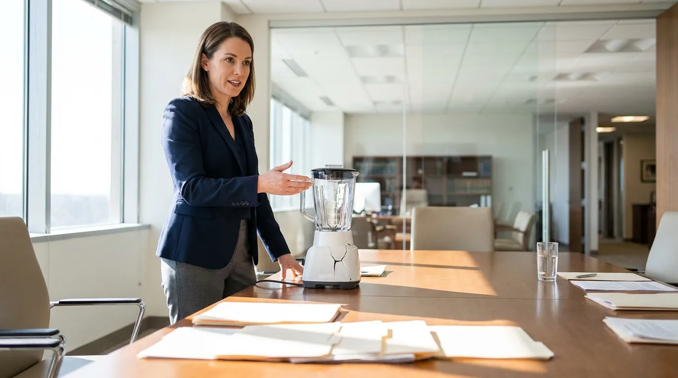 professional woman in suit presenting blender on conference room table
