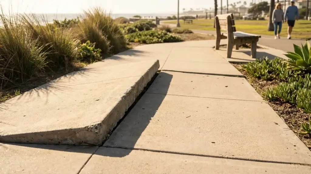 raised cracked concrete sidewalk slab creating trip hazard near coastal park path
