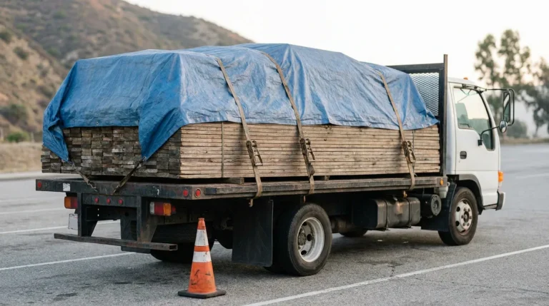 flatbed truck hauling tarp-covered lumber secured with ratchet straps and cargo bars