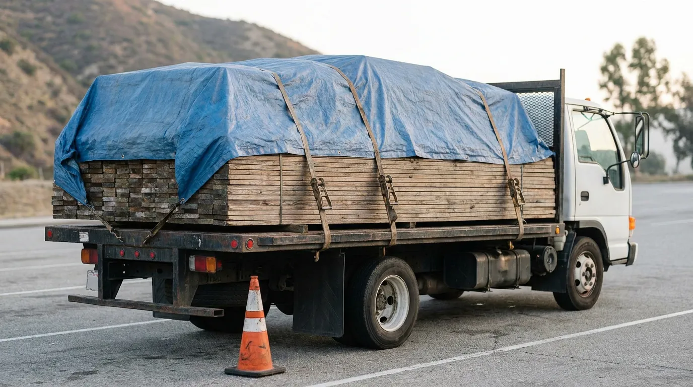 flatbed truck hauling tarp-covered lumber secured with ratchet straps and cargo bars